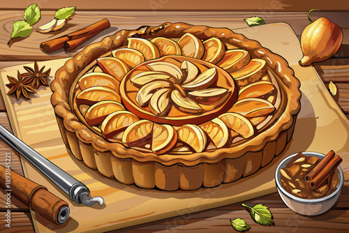 Freshly baked apple tart with golden cinnamon and walnut crust in soft natural style on rustic wooden table seasonal dessert scene holiday cooking
