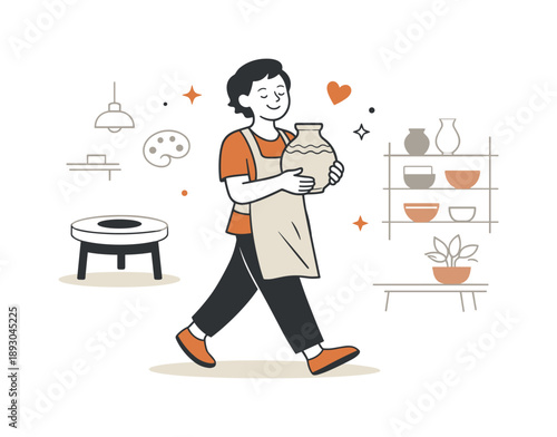 Pottery Class Triumph. Pottery class illustration. A person carrying a finished ceramic piece with pride, walking through the studio, expressing fulfillment,