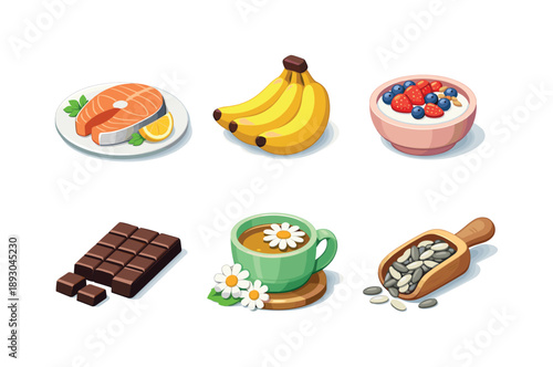 Mood Boosting Foods. Mood Boosting Foods. Isometric flat vector icons set of Mood Boosting Foods: salmon fillet plate, banana bunch, yogurt bowl with berries,