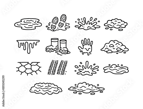 Muddy Line Icon Set. Mud. Line icon set of Mud: muddy puddle, footprints in mud, splashing mud, sticky mud texture, mud drip, muddy boots, mud handprint, wet
