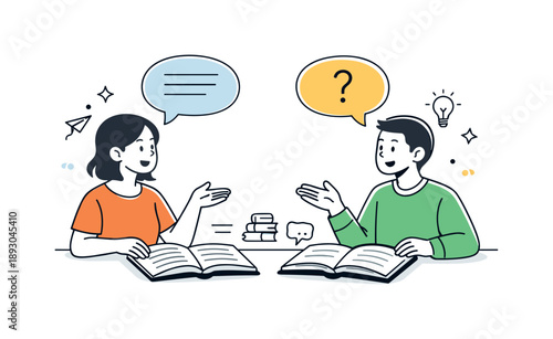 Book Club Dialogue. Book club meeting conversation. Two members exchanging ideas with speech bubbles and open books between them. Friendly debate and shared