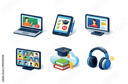 Digital Learning Icons Grid. Digital Education. Isometric flat vector icons set of Digital Education: laptop with online lesson, tablet learning app, video