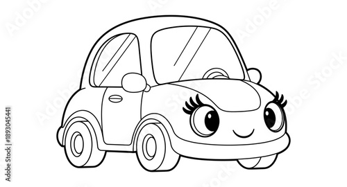 Cute cartoon car with big eyes and a smile, ready for coloring fun