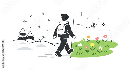 Seasonal Transition Walk. Winter to spring transition. A person walking from a snowy area into a space with fresh grass and small flowers. Gentle movement,