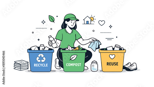 Sustainable Waste Sorting. Landfill diversion strategies and alternatives. A sustainability specialist sorting waste into recycling, compost, and reuse bins
