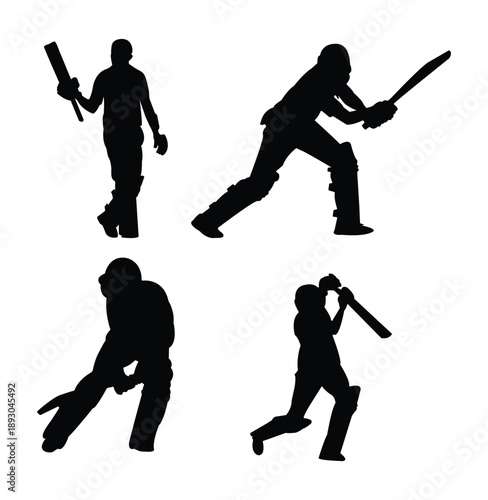 Set of Cricket Player Silhouettes in Various Action Poses