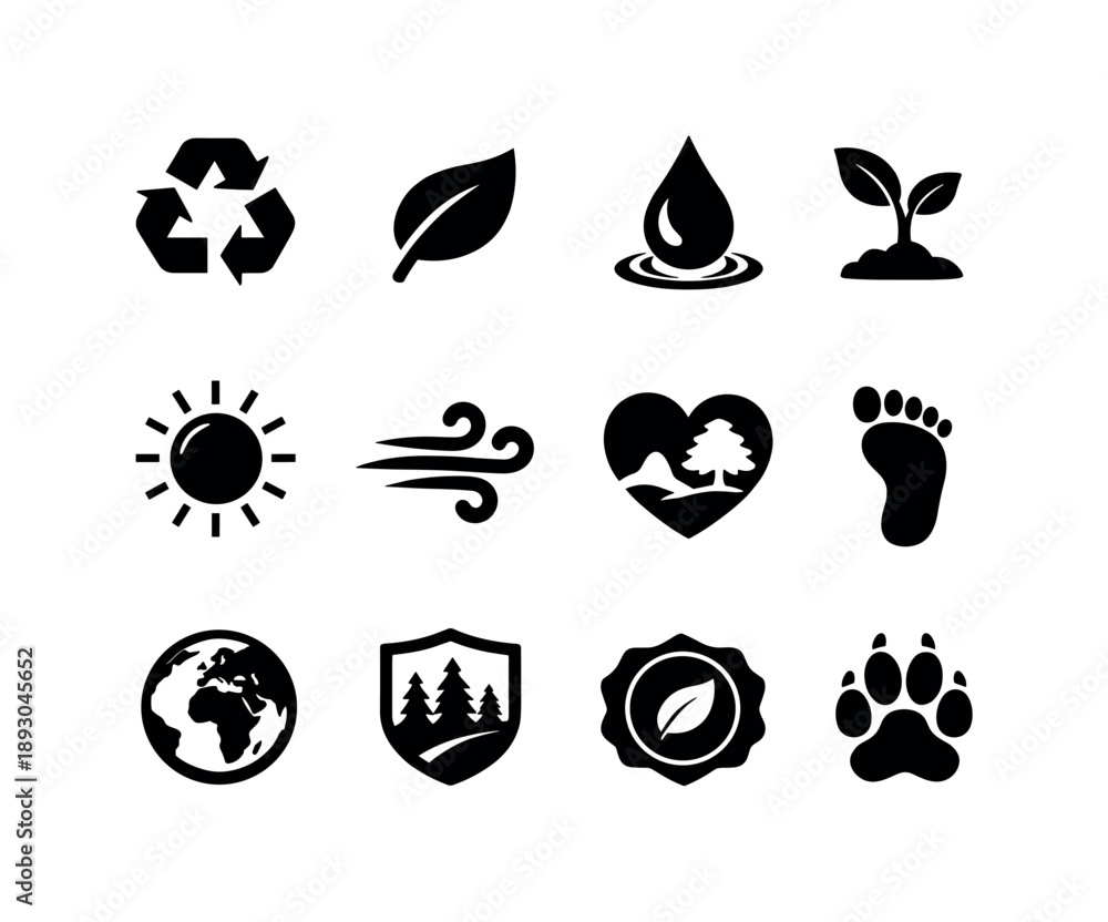 Fototapeta premium Eco Icons Grid. Eco elements. Solid icon set of Eco elements: recycling symbol, leaf icon, water conservation drop, tree sprout, solar icon, wind icon, nature