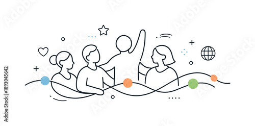 Abstract Human Connection. Connection and Unity. Abstract human figures linked by smooth lines and dots, forming a single flowing structure. Modern and calm