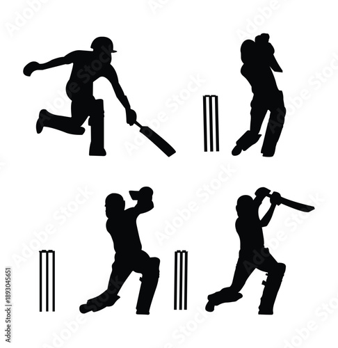 Set of Cricket Player Silhouettes in Various Action Poses
