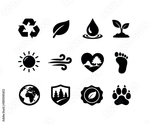 Eco Icons Grid. Eco elements. Solid icon set of Eco elements: recycling symbol, leaf icon, water conservation drop, tree sprout, solar icon, wind icon, nature