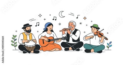 Folk Music Harmony. Traditional folk music scene. Musicians performing with simple drums, strings, or wind instruments, showing harmony and shared heritage.