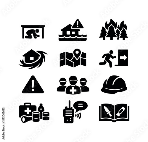 Disaster Preparedness Icons. Crisis education disaster. Solid icon set of Crisis education disaster: earthquake drill, flood warning, wildfire alert, hurricane