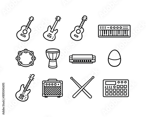 Indie Instrument Icons. Indie instruments. Line icon set of Indie instruments: acoustic guitar, electric guitar outline, ukulele, keyboard synth, tambourine,