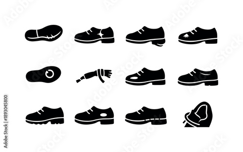 Worn School Shoes Icons. School shoes wear signs. Solid icon set of school shoes wear signs: worn sole, cracked leather, loose heel, scuffed toe, broken