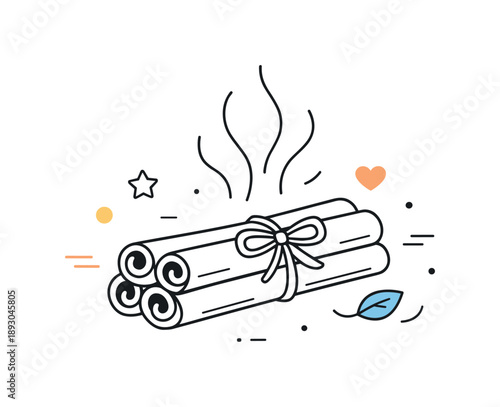 Cinnamon Aroma Art. Cinnamon aroma concept. A bundle of cinnamon sticks with subtle abstract lines suggesting aroma and warmth. The mood is cozy, inviting, and