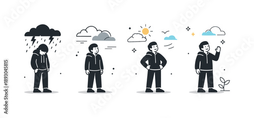 Lightening Atmosphere Journey. From heavy to light. A character standing as the surroundings gradually brighten and soften. Visual story of atmosphere clearing