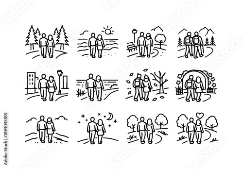 Couples in Nature Icons. Couples in Nature. Line icon set of Couples in Nature: forest walk couple, beach stroll, park path, couple hiking, city street walk,