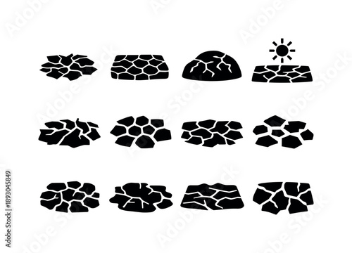 Dried Mud Icons. Dried Mud. Solid icon set of Dried Mud: cracked dry mud, hardened mud surface, dry clay ground, sun dried mud, fissured earth, brittle mud
