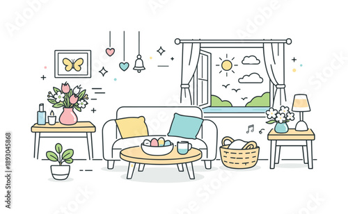 Spring Interior Renewal. Seasonal home decor spring. A light and airy interior scene with fresh flowers, pastel accents, and open windows, expressing renewal,