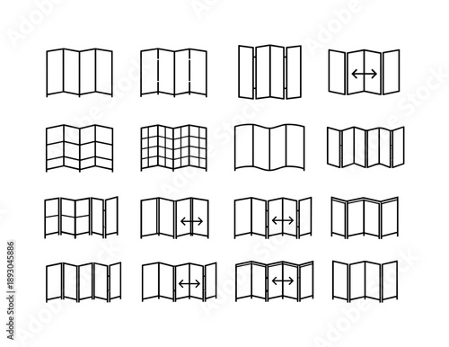 Minimalist Folding Screens. Folding screen. Line icon set of folding screen: minimalist panel, thin frame outline, subtle hinge detail, tall divider icon,