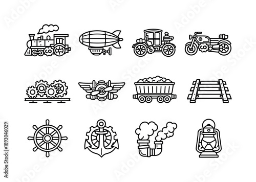 Steampunk Transport Icons. Steampunk Transport. Line icon set of Steampunk Transport: steam locomotive, airship zeppelin, mechanical carriage, steam