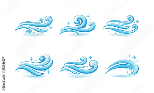 Wind Icons Grid. Wind. Isometric flat vector icons set of wind: soft curved wind lines, gentle breeze swirl, flowing air stream, smooth wind ribbon, light