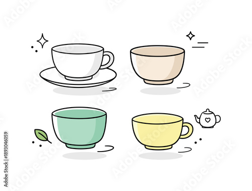 Minimalist Stoneware Tea Set. Minimal tea set. A small group of stoneware tea cups with clean silhouettes and muted colors, floating gently in an