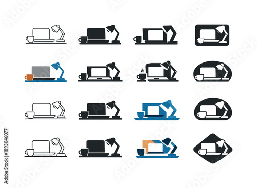 Freelancing Logo Variations. Freelancing. Icon set. Set Logo of freelancing: laptop workspace. harmonious logo variations of the same emblematic concept, each