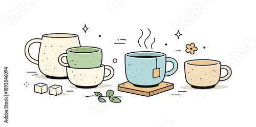 Minimalist Stoneware Tea Cups. Stoneware tea cups. A set of handmade stoneware tea cups arranged calmly on a table, subtle texture and natural imperfections