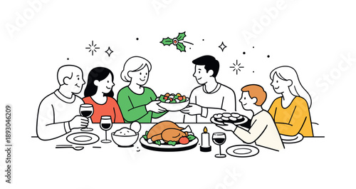 Festive Dinner Harmony. Holiday dinner illustration. People sitting around a table, sharing food and smiling gently, enjoying a festive meal.