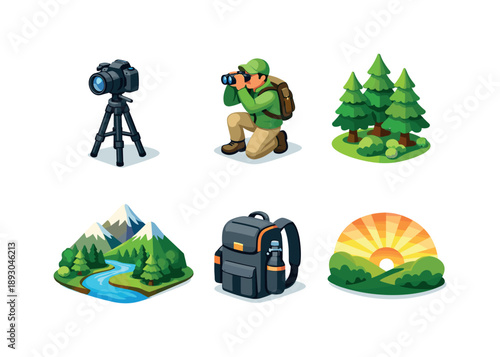 Isometric Nature Icons. Nature Photography. Isometric flat vector icons set of Nature Photography: DSLR camera on tripod, photographer observing wildlife,