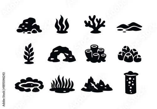 Ocean Habitat Icons. Ocean habitat. Solid icon set of Ocean habitat: reef rock, seaweed, coral branch, sandy floor, kelp strand, underwater cave, sea sponge,