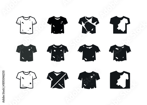 Worn T-Shirt Icons. Worn T-shirt. Icon set. Set Logo of worn T-shirt: faded cotton t-shirt. harmonious logo variations of the same emblematic concept, each