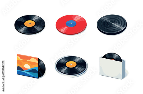 Isometric Vinyl Compilation. Vinyl Details. Isometric flat vector icons set of Vinyl Details: black LP record with label, colored vinyl pressing, groove