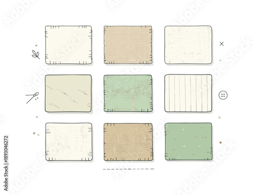 Linen Texture Grid. Linen fabric textures. A top-down view of various linen swatches laid out in a grid, showing grain, weave, and subtle imperfections in a
