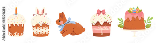 Cute Easter bakery vector set with festive cakes and pastries. Spring collection of glazed cupcakes and bunny, goose cookies. Perfect for cards, stickers, packaging, kids design and seasonal decor.