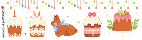 Cute Easter bakery vector set with festive cakes and pastries. Spring collection of glazed cupcakes and bunny, goose cookies. Perfect for cards, stickers, packaging, kids design and seasonal decor.