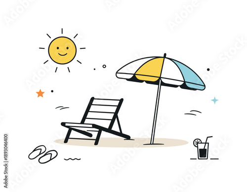 Summer Minimalist Scene. Seasonal minimalist scenes. A summer editorial scene with a chair, umbrella and gentle sun, relaxed mood and visual simplicity
