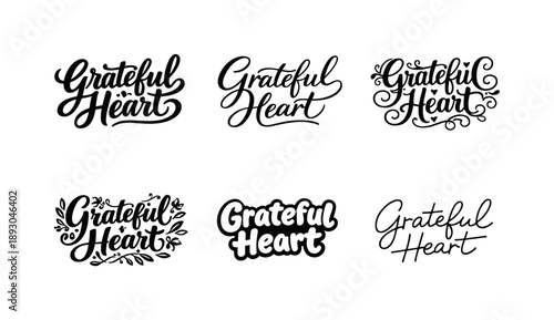 Grateful Heart Variations. Grateful heart lettering. Set lettering. harmonious lettering variations of the same emblematic concept, each with different