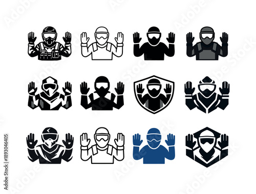 Paintball Icon Set. paintball. Icon set. Set Logo of paintball: referee surrender hand signal. harmonious logo variations of the same emblematic concept, each