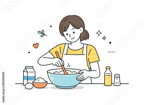 Cheerful Cooking Scene. Recipe step mixing ingredients. A simple scene of a person stirring or combining ingredients in a bowl, showing calm engagement in