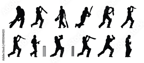 Set of Cricket Player Silhouettes in Various Action Poses