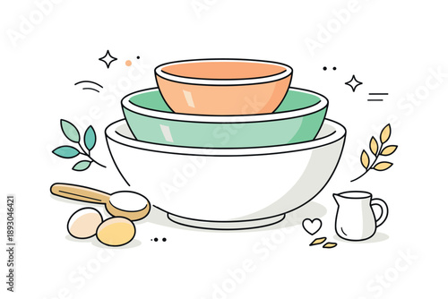 Modern Minimal Kitchenware. Ceramic kitchenware. Mixing bowls shown as a simple still life with soft decorative elements around. Calm organization, warmth, and