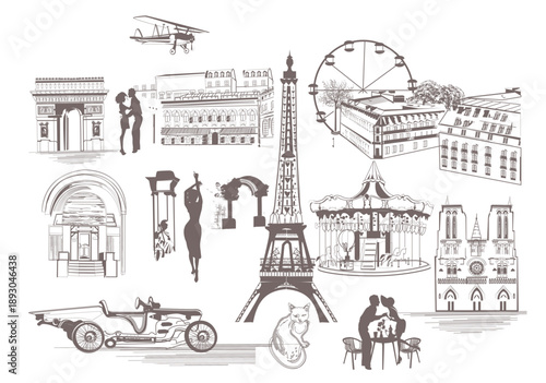 Design with the Eiffel tower and french sights, architectural elements, happy couples. Hand drawn vector illustration.