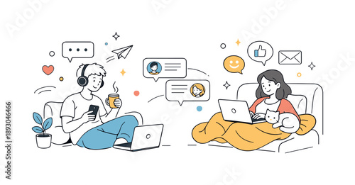 Virtual Friendship Connection. Virtual friendship illustration. Friends relaxing at home while chatting online, cozy and informal digital bonding. Everyday