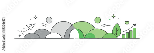 Green Transition. Gray to green color transition. An abstract scene where neutral gray shapes gradually shift into soft green forms. Calm visual flow, feeling