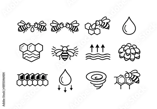 Honey Production Icons. How bees make honey. Line icon set of in-hive processing: nectar handoff, bee-to-bee transfer, crop-to-cell deposit, enzyme drop