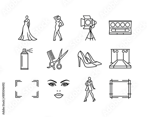 High Fashion Icons. High Fashion Editorial. Line icon set of High Fashion Editorial: couture dress silhouette, dramatic pose model, fashion spotlight, makeup