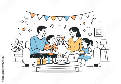 Family Celebration. Celebrating together at home. A family scene with soft gestures and eye contact, gathered in a living space decorated for the occasion. The