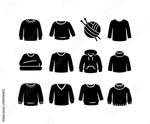 Casual Knitwear Icons. Casual knitwear. Solid icon set of casual knitwear: everyday sweater, relaxed pullover, soft knit fabric, long sleeve top, cozy apparel,